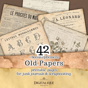 May include: A selection of aged paper ephemera, including newspaper cuttings, floral illustrations, and handwritten notes. The image displays the text "Old Papers" and "printable pages for junk journals & scrapbooking". The papers have a distressed, aged appearance.