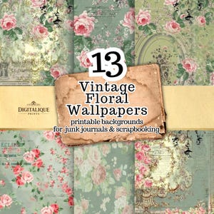 Vintage Floral Junk Journal achtergronden 13 saliegroen behang afdrukbare papieren | Digitale pagina's Shabby Chic Rose voor scrapbooking en collage