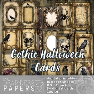 ゴシック ハロウィン カード、64 枚のデジタル ジャンク ジャーナル ATC、スクラップブック、ジャーナリング プリント可能なコラージュ シート、ダーク ビクトリア朝のフレーム スカル レイヴン