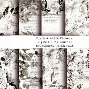 Papel tapiz vintage floral en blanco y negro, 10 antecedentes de diario basura digital, boho, folk, páginas imprimibles gitanas para mixmedia y scrapbooking