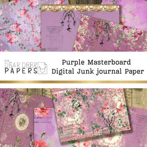 Papel digital para diario basura Masterboard morado, 8 páginas imprimibles en estilo vintage, papel viejo descolorido para descargar, papel ornamental para álbumes de recortes