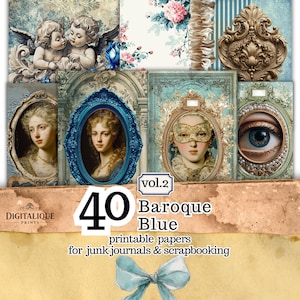 40 Baroque Blue Printable Papers, Vintage Rococo Journal Pages (Digital Download)
