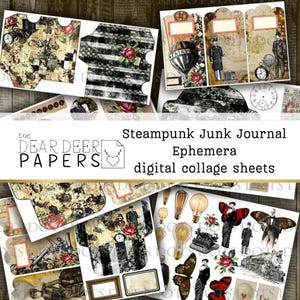 Steampunk Junk Journal Ephemera – Digital Collage Sheets with Tags, Envelopes, Journaling Cards, Fussy Cut Altered People Embellishments