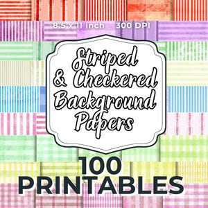 BUNDLE Striped & Checkered Digital background papers junk journal pages, scrapbooking pattern, ivory, red, purple, yellow, green, blue, pink
