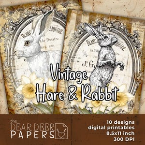Vintage Hare & Rabbit Junk Journal Paper 10 Printable Antique Bunny Designs | Easter Antique Old Scrapbook Backgrounds Distressed Collage