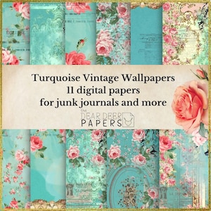 Türkise Vintage Tapeten, Scrapbooking Papier, Junk Journal Papier, verblasste Blumen und Holz Hintergrund, Shabby Chic Printables