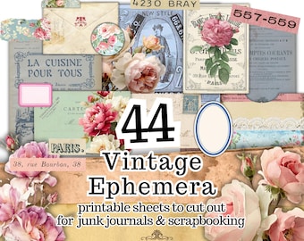 Vintage Ephemera Printable, Junk Journal Add Ons Pack, 44 Cottagecore Romantic Floral Digital Ephemera Sheets to Cut Out for DIY Crafts