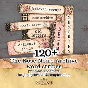 May include: A collection of rectangular paper labels featuring vintage-style floral patterns, black lace accents, and text including beloved scraps, rose archive, little notes, old letters, delicate finds, dream, and memories on a textured background.