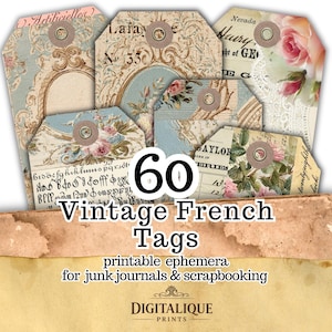 Puede incluir: Un conjunto de 60 etiquetas francesas vintage con diseños florales y antiguos. Las etiquetas presentan una variedad de colores, incluyendo azul, beige y rosa, y son adecuadas para diarios basura y scrapbooking. Se muestra el texto "Vintage French Tags".
