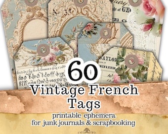 Vintage Junk Journal Tags Printable, Floral Ephemera Tags for Junk Journals, Scrapbooking & Paper Crafts, 60 Printable Tags Digital Download