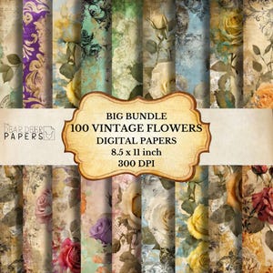 Gran paquete de 100 páginas imprimibles de diario basura con fondo floral DIGITAL, rosas vintage, descarga de papel viejo descolorido digital, mixmedia, gitano