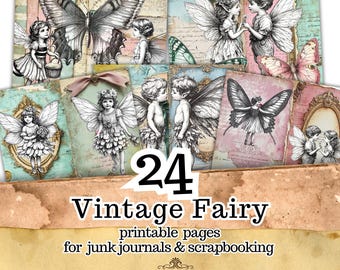 May include: A collection of 24 vintage fairy printable pages for junk journals and scrapbooking. The pages feature illustrations of fairies and butterflies in a variety of poses and settings, with a vintage aesthetic. The text "Vintage Fairy" is displayed prominently.