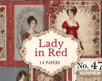 Vintage Regency Junk Journal Papers, Romantic Lady and Red Floral Printable Set, 14 JPG
