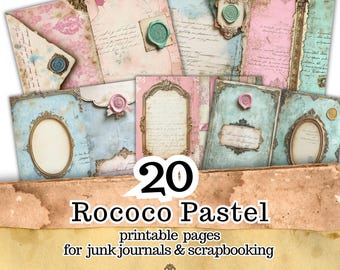 Rokoko-Pastell-Junk-Journal-Seiten, 20 druckbare antike französische Ephemera (Digitaler Download)