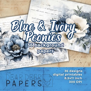 Blauw en ivoor Shabby Chic pioenrozen 36 digitaal papier afdrukbare ongewenste dagboek bloemen achtergronden scrapbooking kit verouderde pagina's antieke pagina's