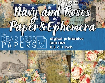 May include: Digital printable paper pack with a navy blue and floral theme. The pack includes images of roses, a calendar, a rabbit, and text that says "Navy and Roses Paper & Ephemera".