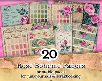 Vintage Rose Boho Junk Journal Papers, Teal Pink Scrapbook Backgrounds (Digital Download)