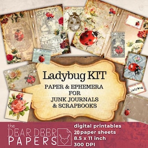 éphémères coccinelles vintage et papier, KIT de journal numérique indésirable, étiquettes de journalisation imprimables, pages, modules complémentaires imprimables, feuille de collage, coccinelle