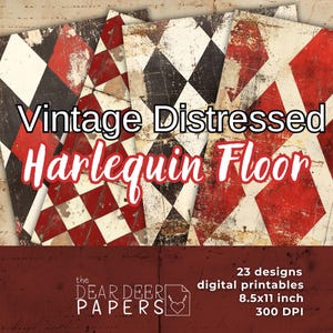 Papel digital vintage Harlequin, papel de scrapbook xadrez desgastado, itens de diário de lixo, fundo com padrão de diamante vermelho preto sépia