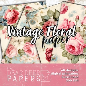 Vintage plakboekpapier met bloemen | Digitaal papier voor ongewenste tijdschriften | Shabby-chic ephemera | Antieke rozen l Afdrukbaar | 40 ontwerpen direct downloaden