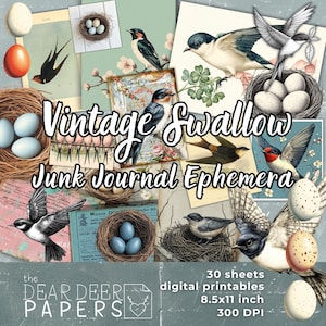 Vintage Swallow Junk Journal Ephemera numérique Antique sur le thème des oiseaux imprimable | Feuille de collage technique mixte, finition soignée, Cottagecore français de ferme