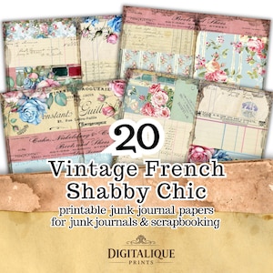 May include: A collection of 20 vintage French shabby chic printable papers for junk journals and scrapbooking. The papers feature floral patterns, ledger designs, and aged textures in pastel colors.