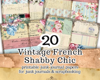 Vintage French Junk Journal Papers, Two Page Spread Printable, Digital Shabby Chic Floral Antique Backgrounds, Scrapbook & Junk Journal