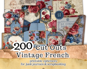 Op de afbeelding: Een verzameling vintage Franse ephemera-uitknippatronen, met bloemmotieven in rood, blauw en crème. De afbeelding bevat labels, enveloppen en decoratieve elementen met tekst, perfect voor junk journals en scrapbooking. De tekst luidt "200 Cut Outs Vintage French".