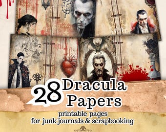 28 Printable Gothic Dracula Junk Journal Papers, Dark Halloween Collage Ephemera (Digital Download)