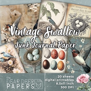 Papier numérique vintage Swallow Junk Journal | Antiquités à imprimer sur le thème des oiseaux | Journal de collage technique mixte Ferme française Cottagecore Esthétique