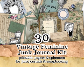 Vintage Feminine Junk Journal Kit: Victorian Ephemera, Printable Papers (Digital Download)