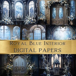 Papel digital con interior en azul real: 14 páginas de palacios barrocos góticos, fondos de castillos de fantasía, imágenes de diario basura de Dark Academia