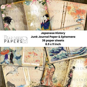 Japanese junk journal paper and ephemera, digital asian journaling pages, oriental background, scrapbooking paper collage sheet tags cards