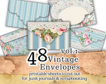 May include: A collection of 48 vintage envelopes with floral and lace designs. The envelopes feature various patterns, including stripes and floral prints, in shades of blue, pink, and white. The text on the image reads "48 Vintage Envelopes" and "printable sheets to cut out for junk journals & scrapbooking."