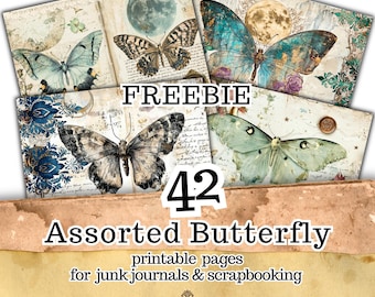 Vintage Butterfly Pages, 42 Printable Junk Journal Kit, Moth and Celestial Backgrounds, Antique Sheet Music Moon Scrapbook Paper