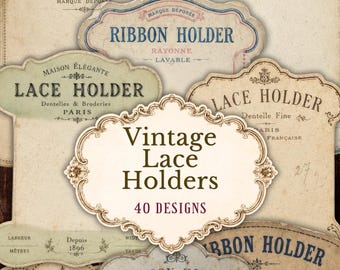 40 Vintage Lace & Ribbon Holders, French Haberdashery Cards (Digital Download)