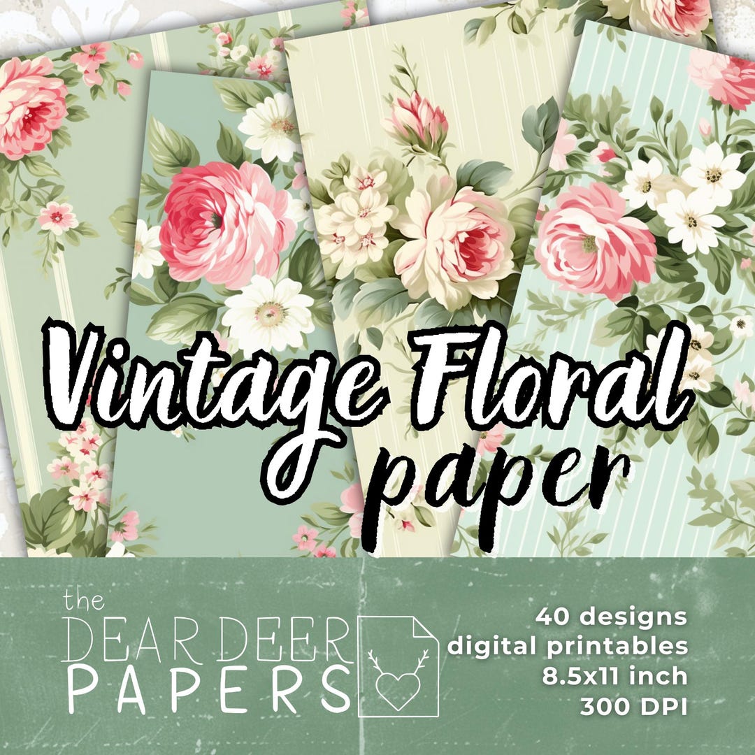 Green Vintage Floral Scrapbook Paper | Junk Journal Digital Paper ...