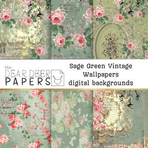 13 fondos de pantalla de color verde salvia, páginas imprimibles para diarios digitales, fondos digitales con flores bohemias, descarga de papel descolorido, mixmedia, folk gitano