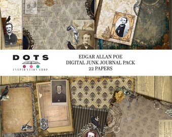 Poe Junk Journal Paper, digital grimoire, spellbook kit,  journalling collage sheets, halloween printables, spooky download paper kit