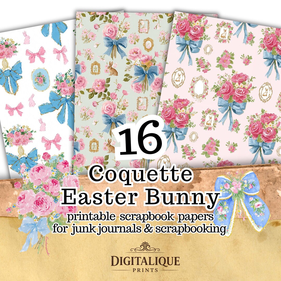 Coquette Easter Bunny Printable Papers, Pastel Spring Scrapbook Paper ...