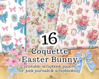 Coquette Easter Bunny Printable Papers, Pastel Spring Scrapbook Paper ...