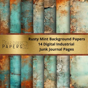 Papeles de fondo de menta oxidada, 14 páginas de diario digital de basura industrial, imprimibles de estilo steampunk, collage de técnica mixta de scrapbooking grunge masculino