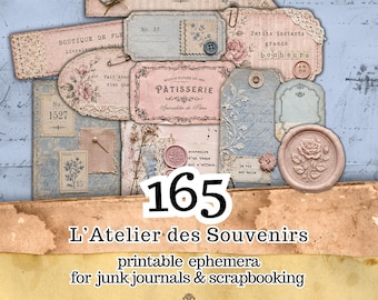 165 französische Vintage-Druckvorlagen, Junk-Journal-Etiketten, Rosa-Blau-Shabby-Chic