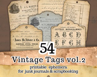 May include: A collection of rectangular and scalloped paper tags featuring vintage typography, cursive handwriting, and historical business letterhead designs. The tags include printed text such as J.L. Martin & Co and Lettres Monogrammes.