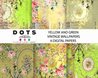 Yellow and green vintage wallpaper, 6 digital boho pages, floral gypsy prinable scrapbooking background for journalling and mixmedia