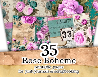 Pagine vintage per junk journal con motivi floreali, kit di 35 fogli stampabili per scrapbooking in stile boho, fogli per collage boho dai colori vivaci e audaci, rose antiche color verde acqua e rosa.