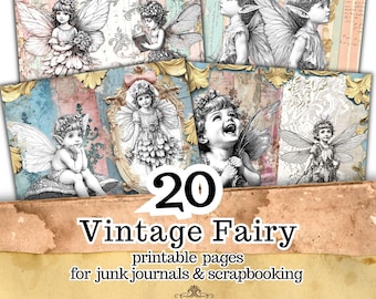 May include: A collection of 20 vintage fairy printable pages for junk journals and scrapbooking. The pages feature illustrations of fairies with wings, in various poses, set against a backdrop of vintage-style patterns and textures. The text "Vintage Fairy" is displayed prominently.