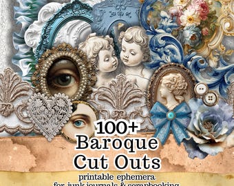 May include: A collage of baroque cutouts with cherubs, cameos, and ornate frames in shades of blue, cream, and gold. The text reads "100+ Baroque Cut Outs" and "printable ephemera for junk journals & scrapbooking."
