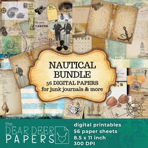 BUNDLE NAUTICAL 56 Sea Junk Journal Papers, Vintage nautical digital pages under the sea scrapbooking paper download printable collage sheet