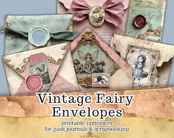 Buste fatate per junk journal stampabili, 37 tasche vintage per effimeri con sigilli di cera e fiocchi di nastro, aggiunte per scrapbooking in stile vittoriano shabby chic